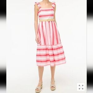J. Crew Factory Square Neck Ruffle Sleeve Pink Striped Jumper Midi Dress